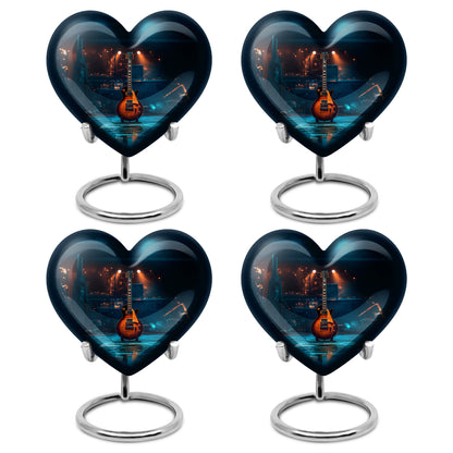 Onyx Black Guitar Cremation Urn angled view of lid and engraved motif - romantic heart urn with guitar motif on aluminum - 10 inch aluminum urn for cremated remains