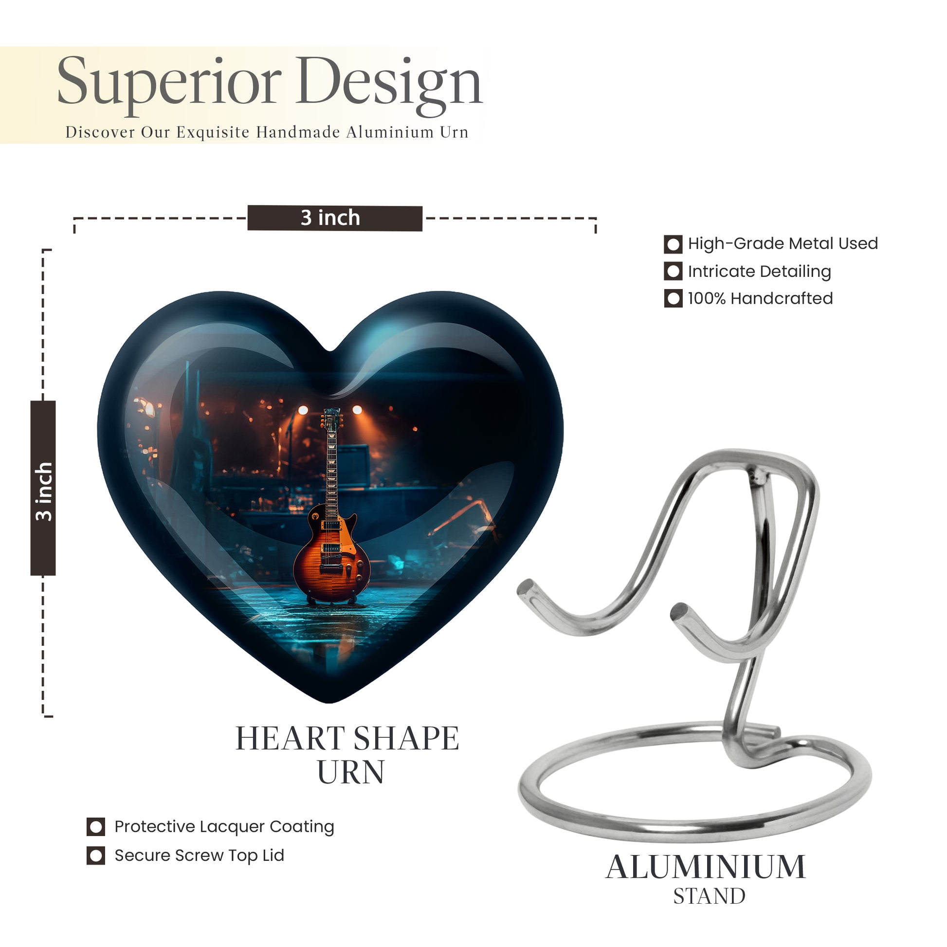 Deep Black Guitar Cremation Urn front view showing detailed design - heart-shaped guitar design symbolizing eternal love - mini keepsake memorial for portion of cremation ashes