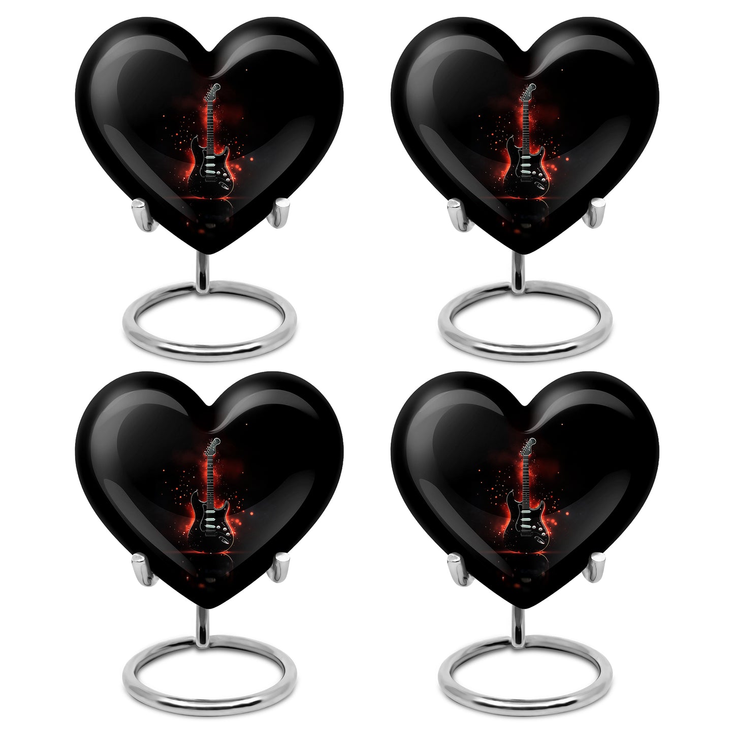 Onyx Black Guitar Cremation Urn angled view of lid and engraved motif - romantic heart urn with guitar motif on aluminum - 10 inch aluminum urn for cremated remains