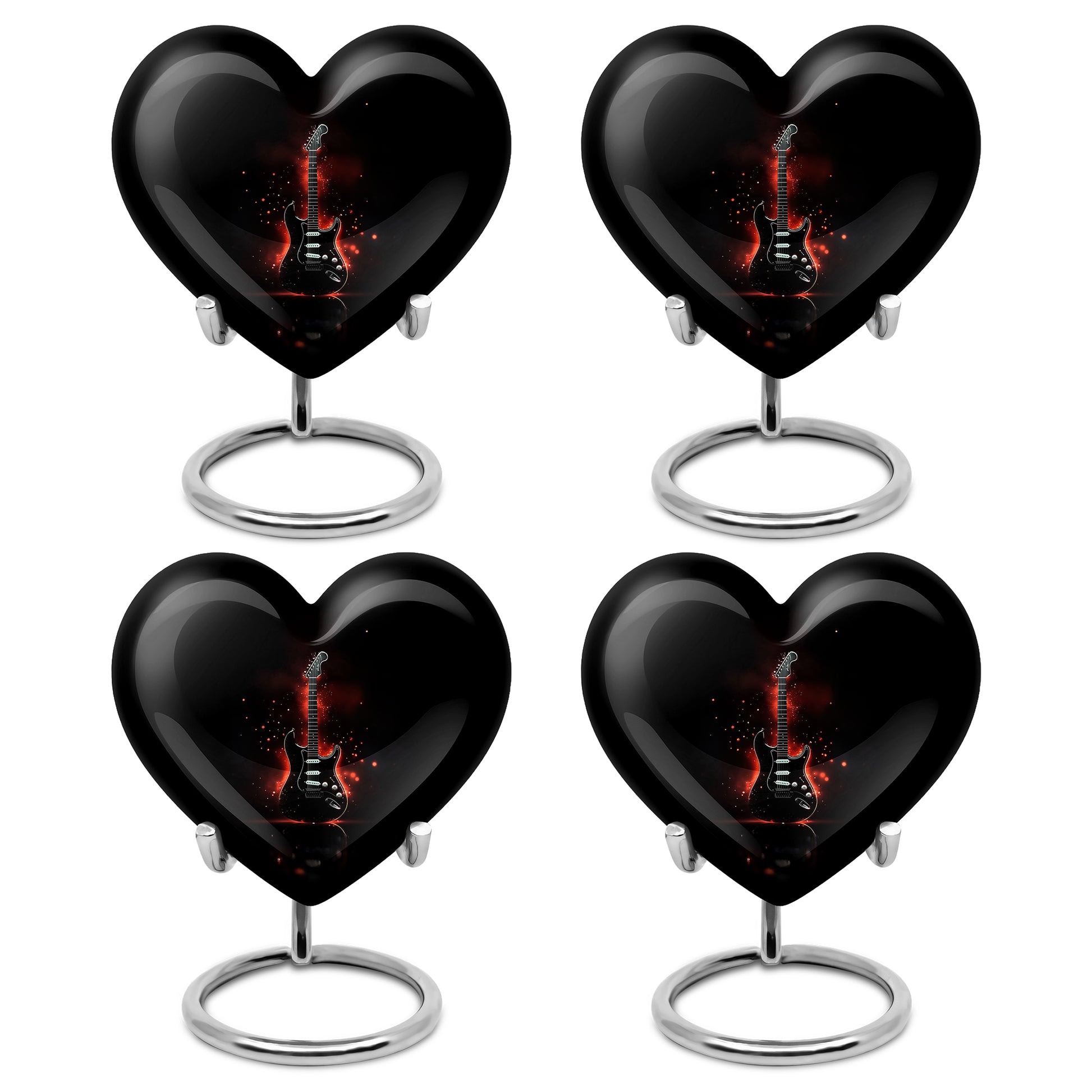 Onyx Black Guitar Cremation Urn angled view of lid and engraved motif - romantic heart urn with guitar motif on aluminum - 10 inch aluminum urn for cremated remains