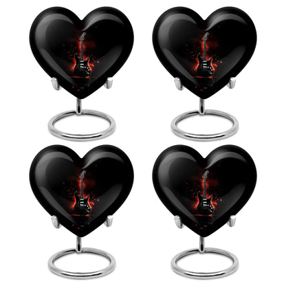 Onyx Black Guitar Cremation Urn angled view of lid and engraved motif - romantic heart urn with guitar motif on aluminum - 10 inch aluminum urn for cremated remains