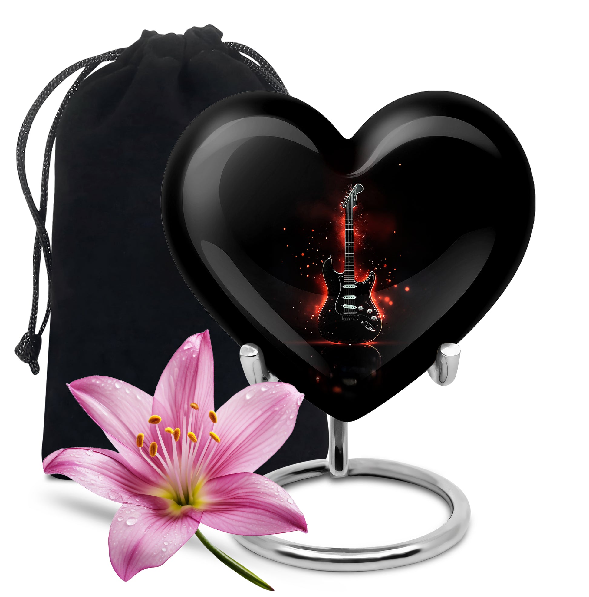 Midnight Black Guitar Cremation Urn detail view - compassionate heart-guitar combination with gentle curves - full-size 10 inch 200 cubic inch adult cremation urn