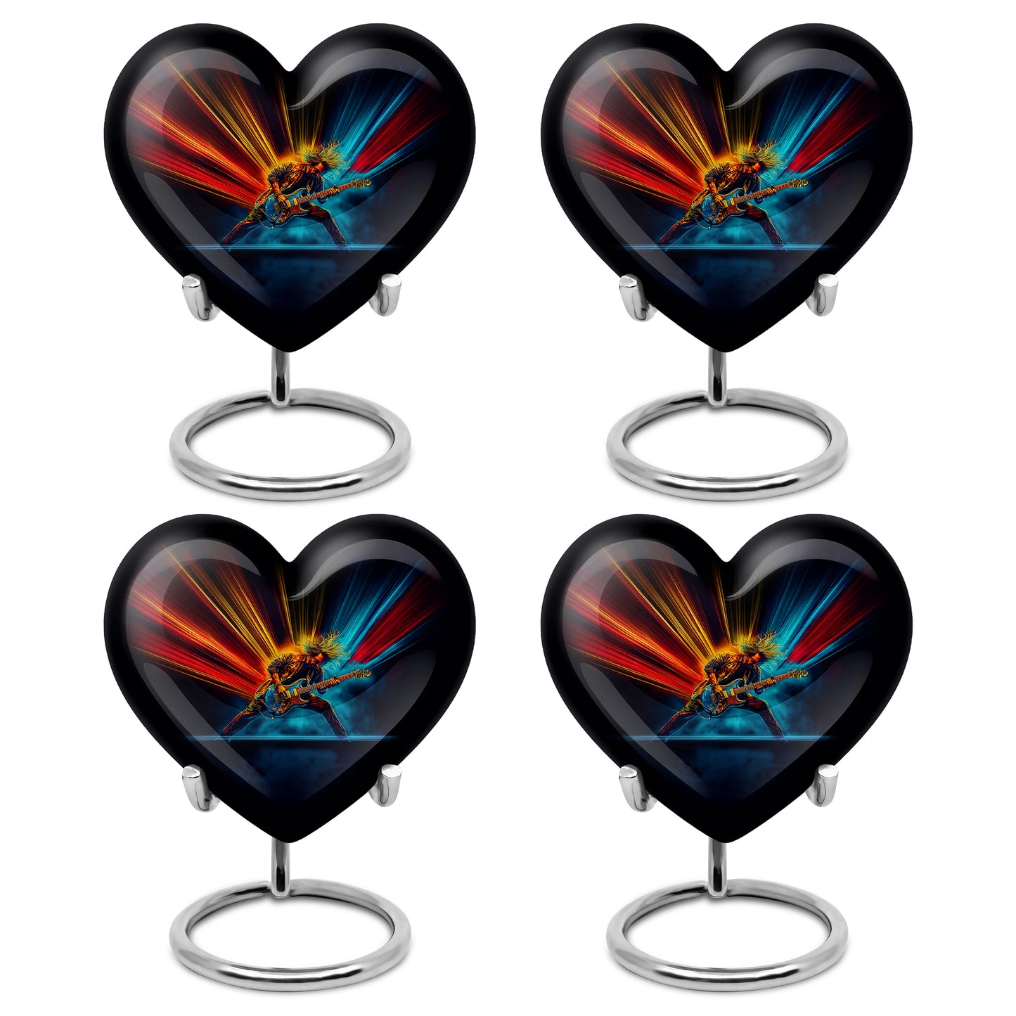 Midnight Black Guitar Cremation Urn angled view of lid and engraved motif - romantic heart urn with guitar motif on aluminum - 10 inch aluminum urn for cremated remains