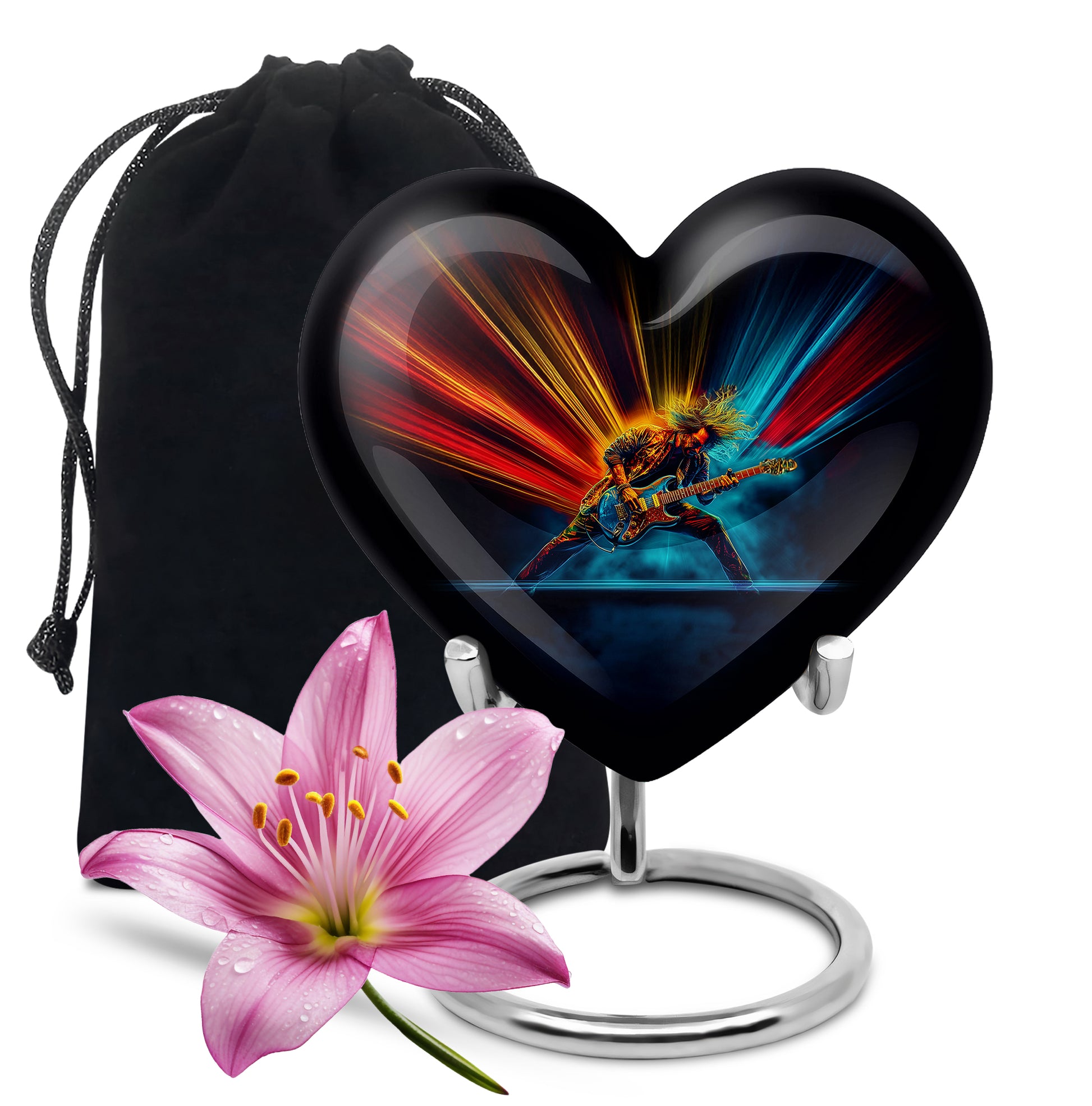 Obsidian Black Guitar Cremation Urn detail view - romantic heart urn with guitar motif on aluminum - full-size 10 inch 200 cubic inch adult cremation urn