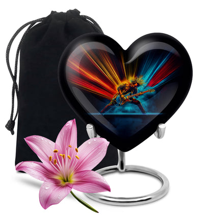 Obsidian Black Guitar Cremation Urn detail view - romantic heart urn with guitar motif on aluminum - full-size 10 inch 200 cubic inch adult cremation urn