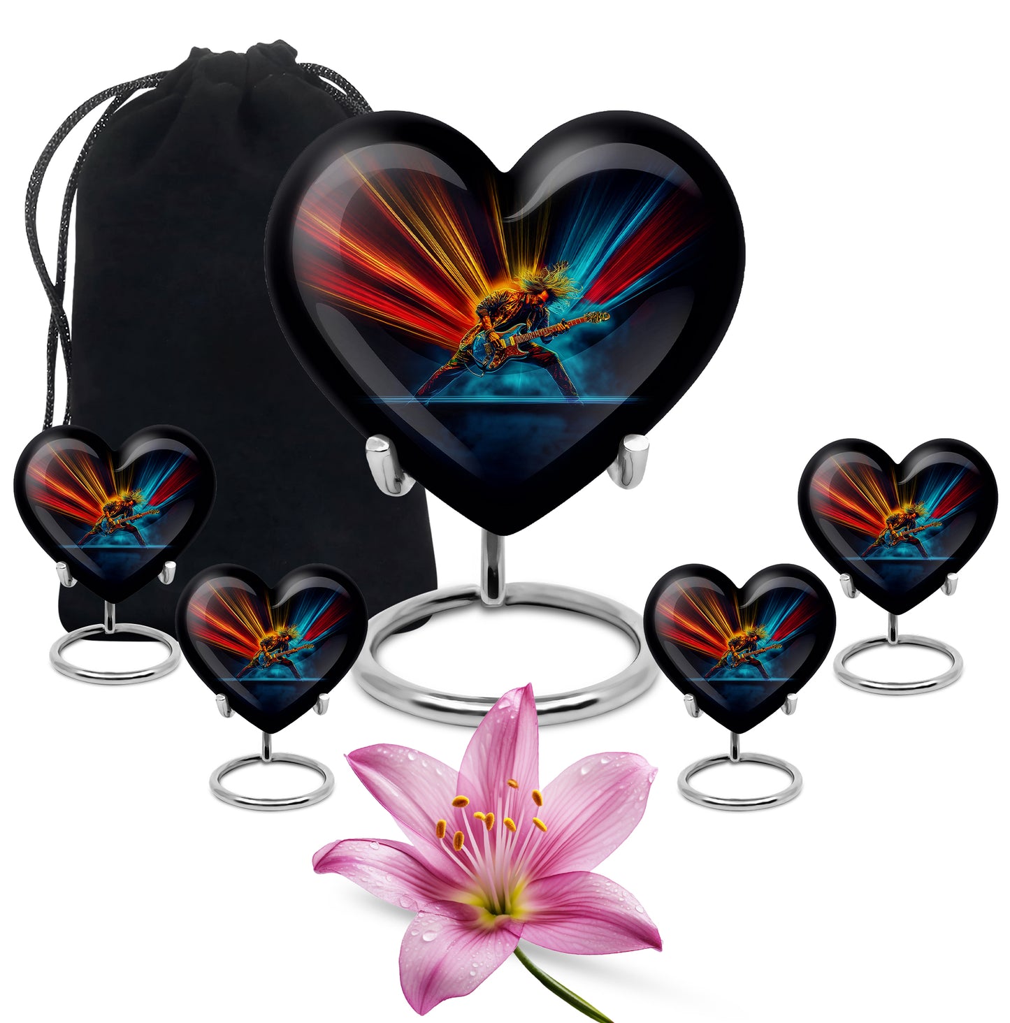 Rich Black Guitar Cremation Urn close-up of engraving and surface detail - loving heart memorial featuring guitar pattern - memorial set with one large and four small urns