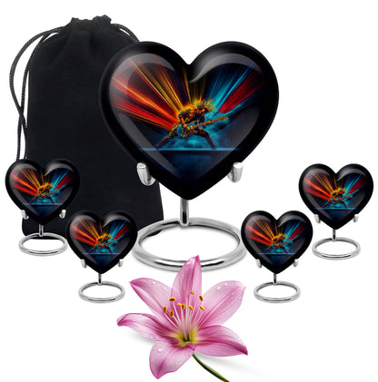 Rich Black Guitar Cremation Urn close-up of engraving and surface detail - loving heart memorial featuring guitar pattern - memorial set with one large and four small urns