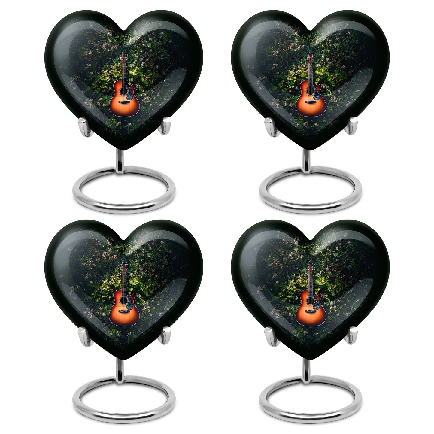 Hunter Green Guitar Cremation Urn angled view of lid and engraved motif - romantic heart urn with guitar motif on aluminum - 10 inch aluminum urn for cremated remains