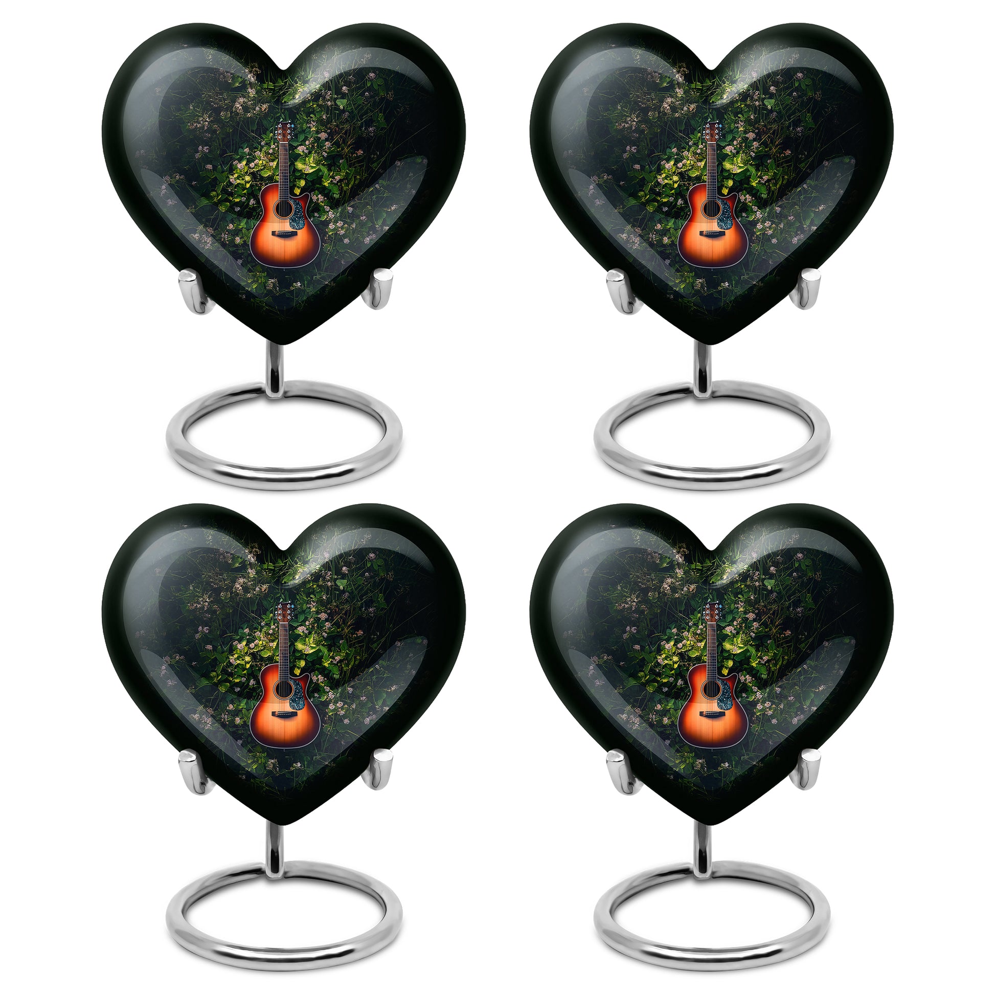 Hunter Green Guitar Cremation Urn angled view of lid and engraved motif - romantic heart urn with guitar motif on aluminum - 10 inch aluminum urn for cremated remains