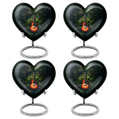Hunter Green Guitar Cremation Urn angled view of lid and engraved motif - romantic heart urn with guitar motif on aluminum - 10 inch aluminum urn for cremated remains