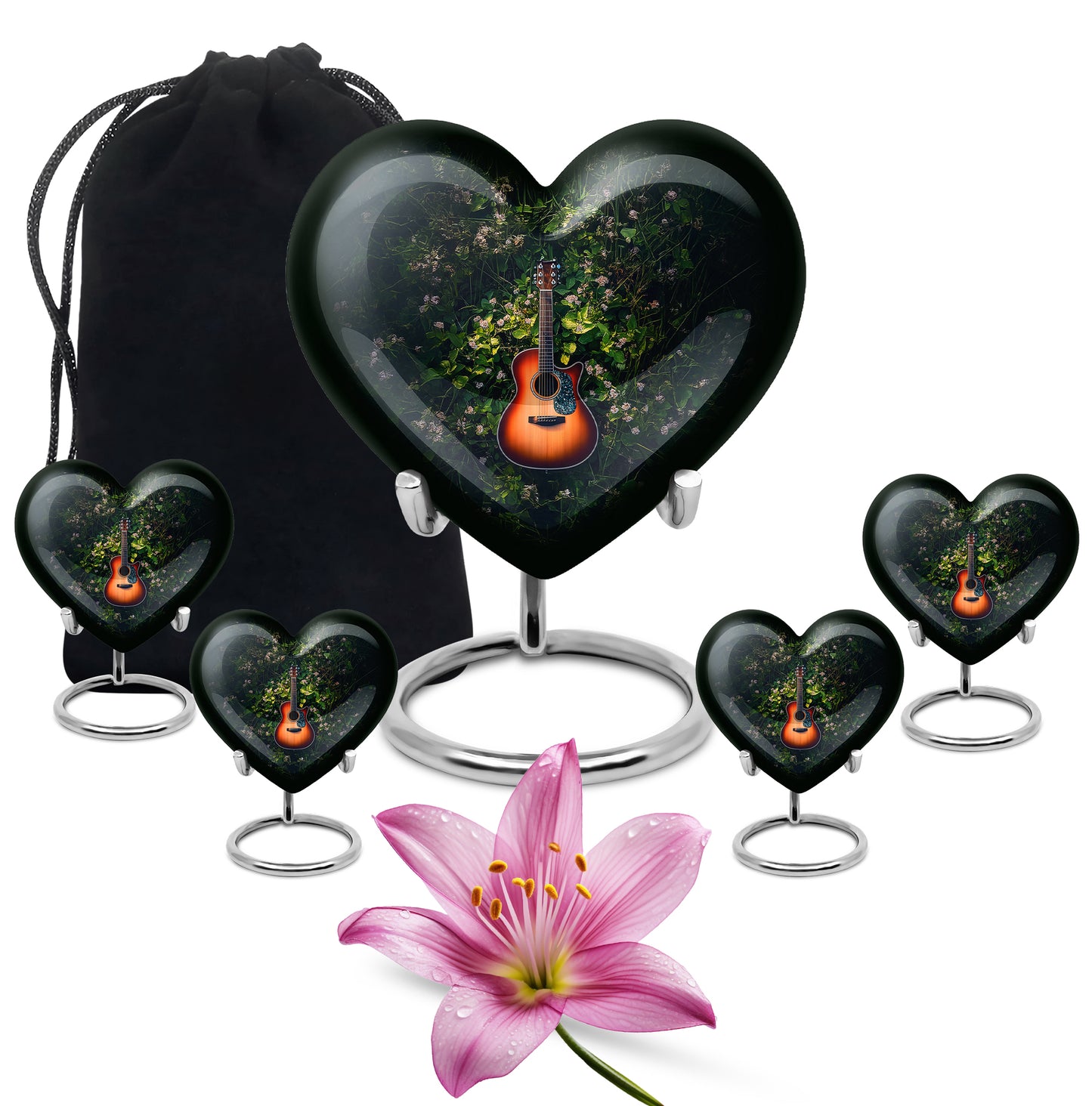 Verdant Green Guitar Cremation Urn close-up of engraving and surface detail - loving heart memorial featuring guitar pattern - memorial set with one large and four small urns