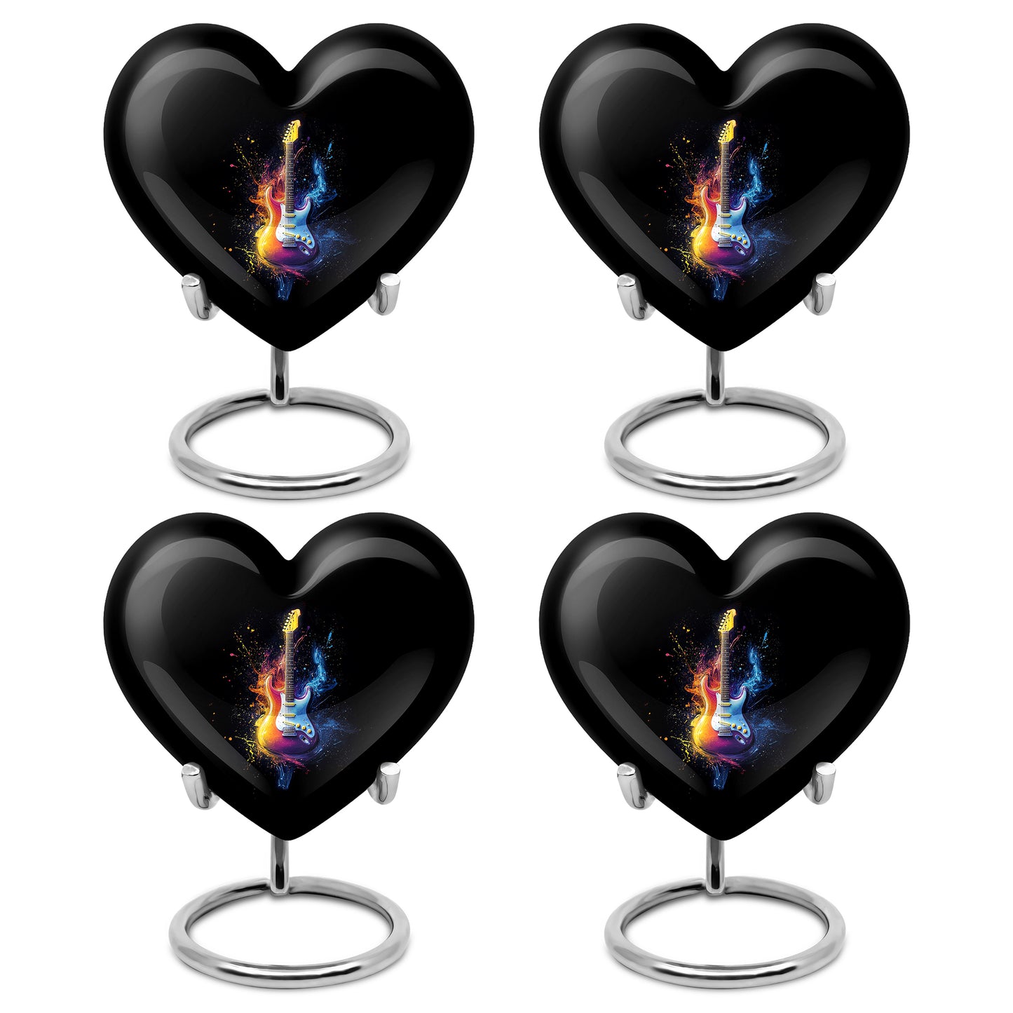 Charcoal Black Guitar Cremation Urn angled view of lid and engraved motif - compassionate heart-guitar combination with gentle curves - 10 inch aluminum urn for cremated remains