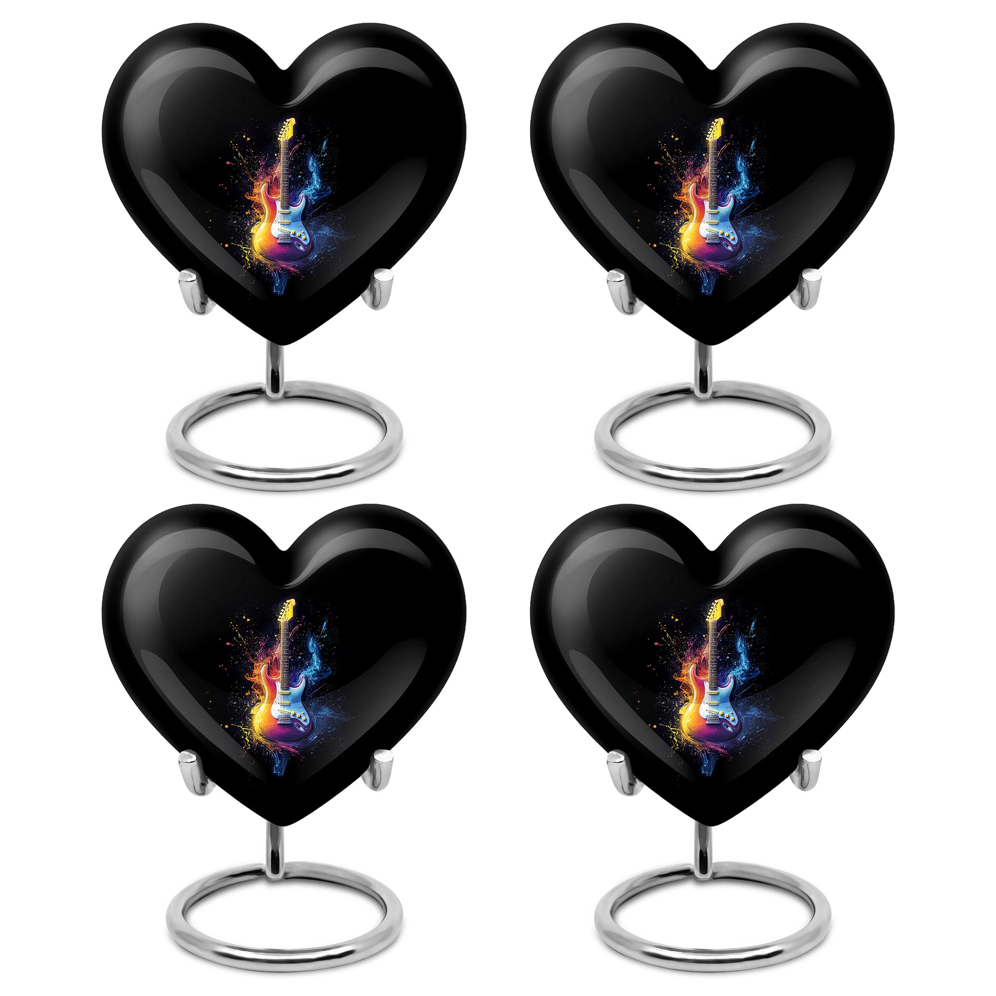 Charcoal Black Guitar Cremation Urn angled view of lid and engraved motif - compassionate heart-guitar combination with gentle curves - 10 inch aluminum urn for cremated remains