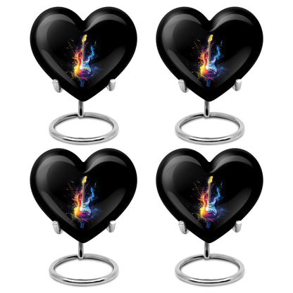Charcoal Black Guitar Cremation Urn angled view of lid and engraved motif - compassionate heart-guitar combination with gentle curves - 10 inch aluminum urn for cremated remains