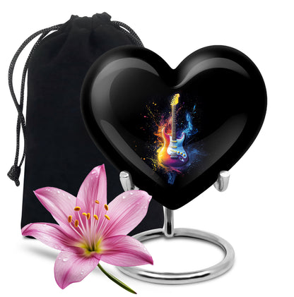 Obsidian Black Guitar Cremation Urn detail view - compassionate heart-guitar combination with gentle curves - full-size 10 inch 200 cubic inch adult cremation urn