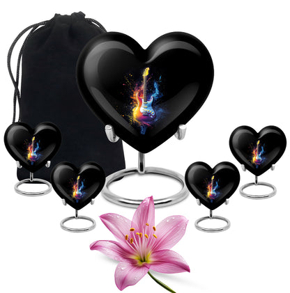 Onyx Black Guitar Cremation Urn close-up of engraving and surface detail - romantic heart urn with guitar motif on aluminum - memorial set with one large and four small urns
