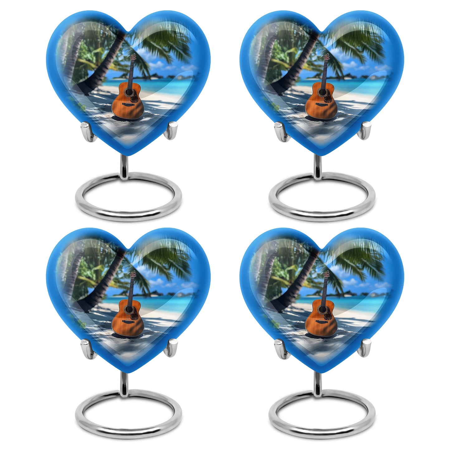 Indigo Guitar Cremation Urn angled view of lid and engraved motif - loving heart memorial featuring guitar pattern - 10 inch aluminum urn for cremated remains
