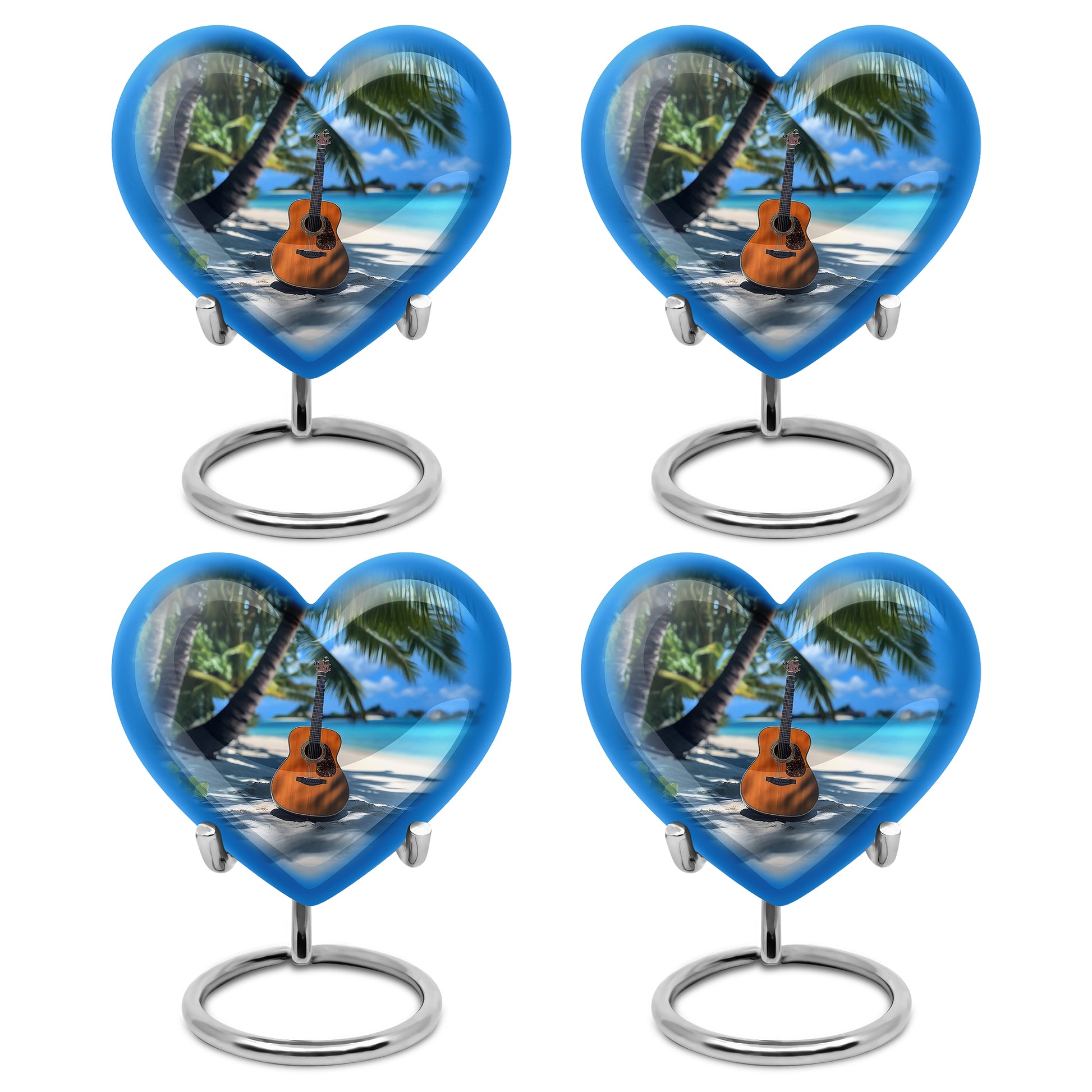 Indigo Guitar Cremation Urn angled view of lid and engraved motif - loving heart memorial featuring guitar pattern - 10 inch aluminum urn for cremated remains