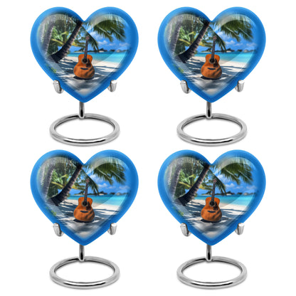Indigo Guitar Cremation Urn angled view of lid and engraved motif - loving heart memorial featuring guitar pattern - 10 inch aluminum urn for cremated remains