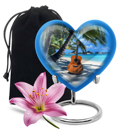 Navy Blue Guitar Cremation Urn detail view - heart-shaped guitar design symbolizing eternal love - full-size 10 inch 200 cubic inch adult cremation urn
