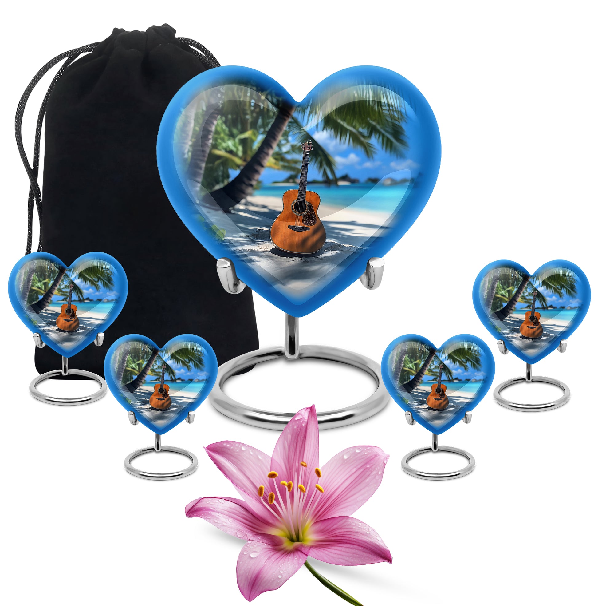 Misty Blue Guitar Cremation Urn close-up of engraving and surface detail - heart-shaped guitar design symbolizing eternal love - memorial set with one large and four small urns