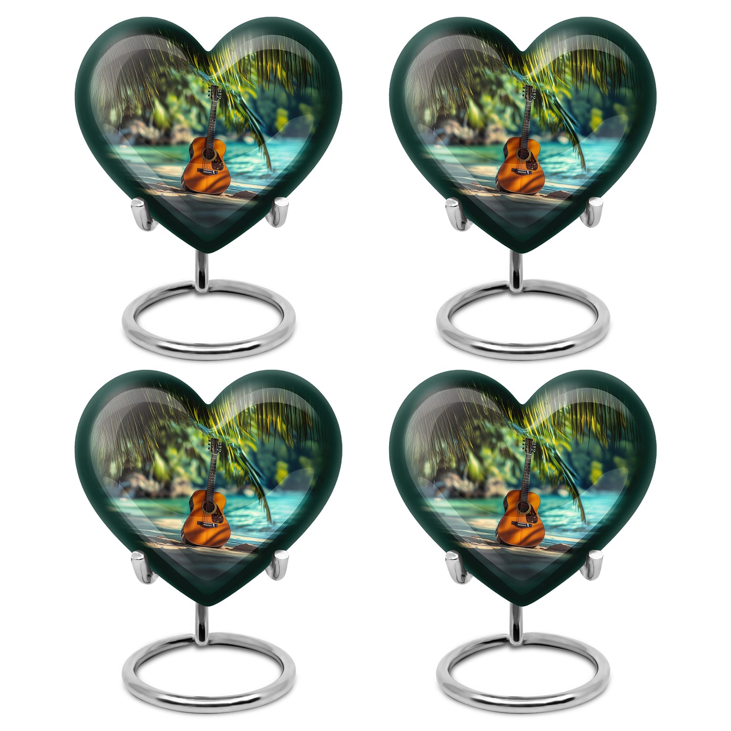 Harvest Gold Guitar Cremation Urn angled view of lid and engraved motif - compassionate heart-guitar combination with gentle curves - 10 inch aluminum urn for cremated remains