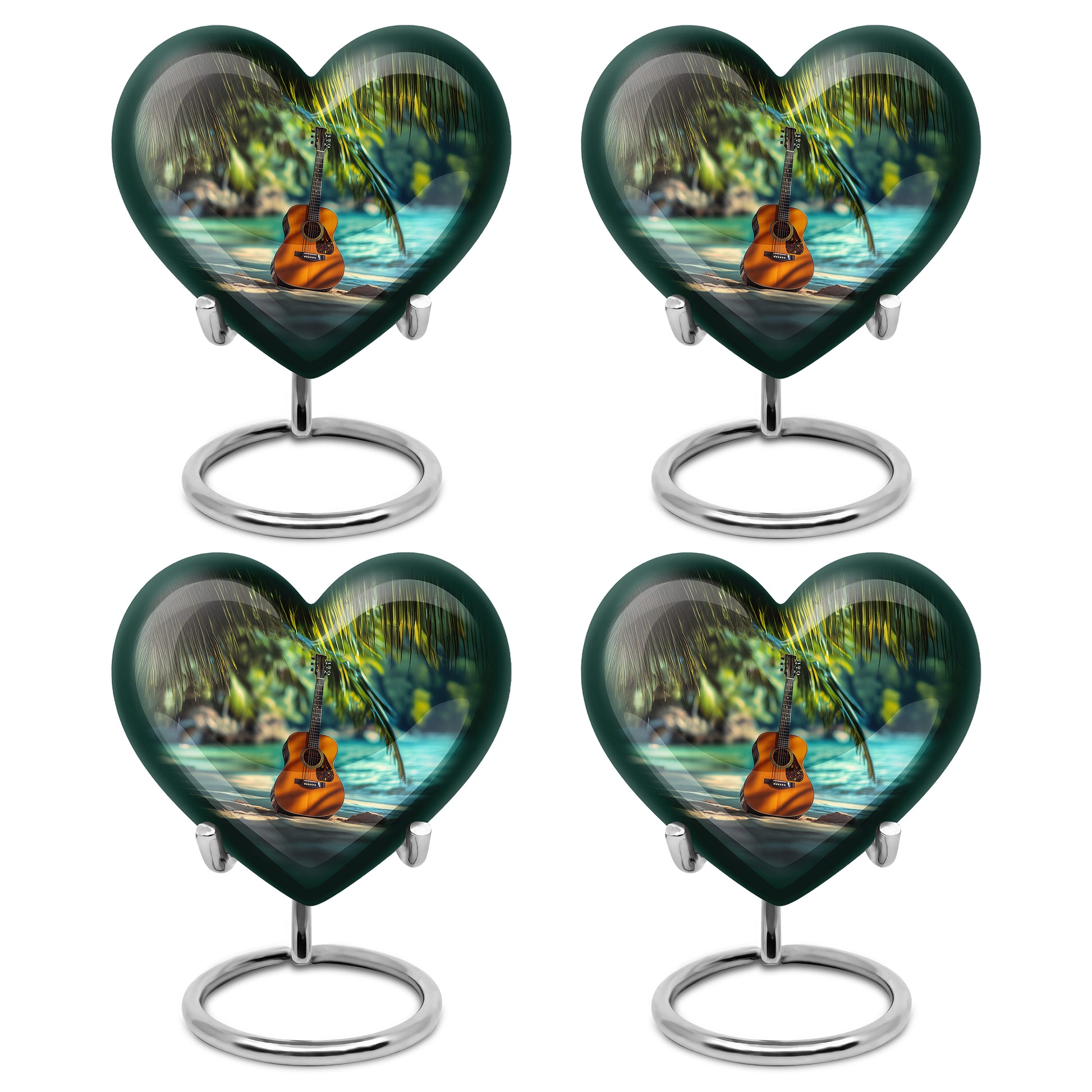 Harvest Gold Guitar Cremation Urn angled view of lid and engraved motif - compassionate heart-guitar combination with gentle curves - 10 inch aluminum urn for cremated remains