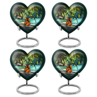 Harvest Gold Guitar Cremation Urn angled view of lid and engraved motif - compassionate heart-guitar combination with gentle curves - 10 inch aluminum urn for cremated remains
