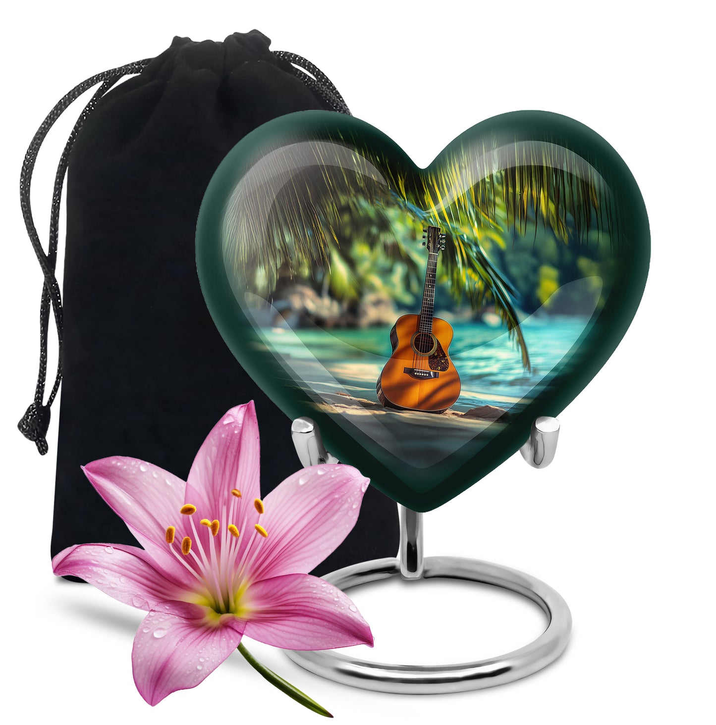 Burnished Gold Guitar Cremation Urn detail view - compassionate heart-guitar combination with gentle curves - full-size 10 inch 200 cubic inch adult cremation urn