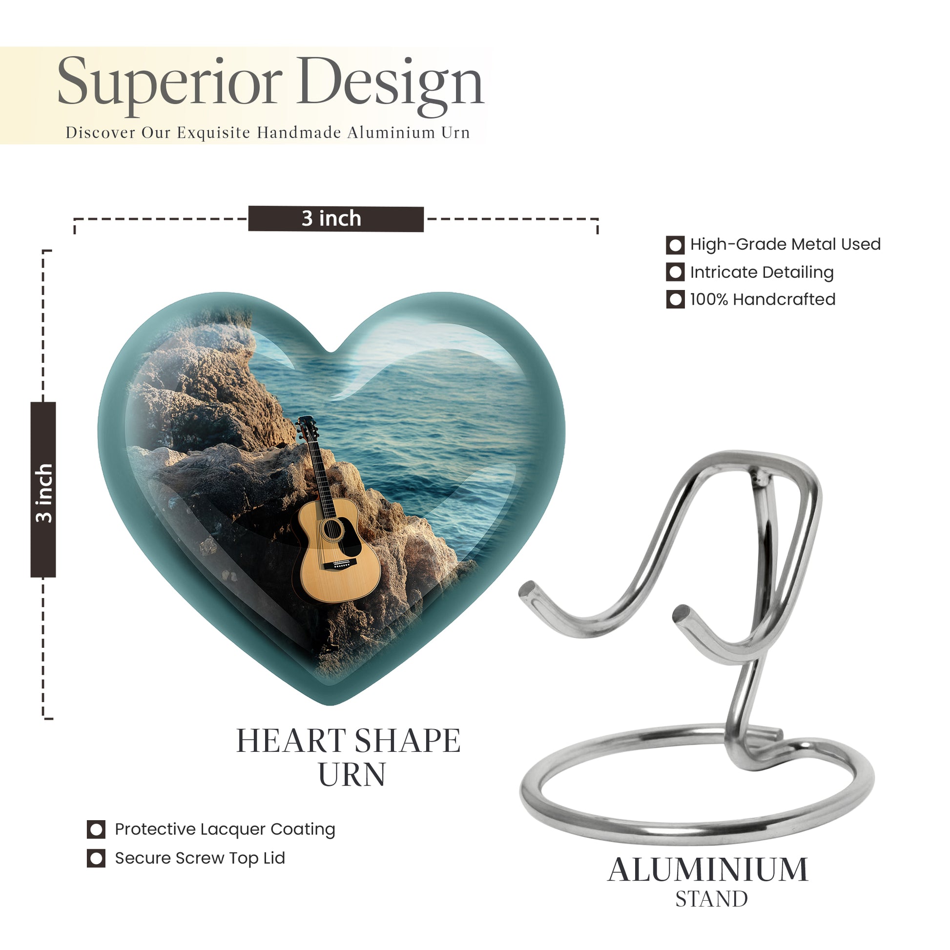 Sea Green Teal Guitar Cremation Urn front view showing detailed design - heart-shaped guitar design symbolizing eternal love - mini keepsake memorial for portion of cremation ashes