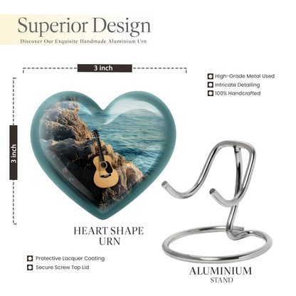 Sea Green Teal Guitar Cremation Urn front view showing detailed design - heart-shaped guitar design symbolizing eternal love - mini keepsake memorial for portion of cremation ashes