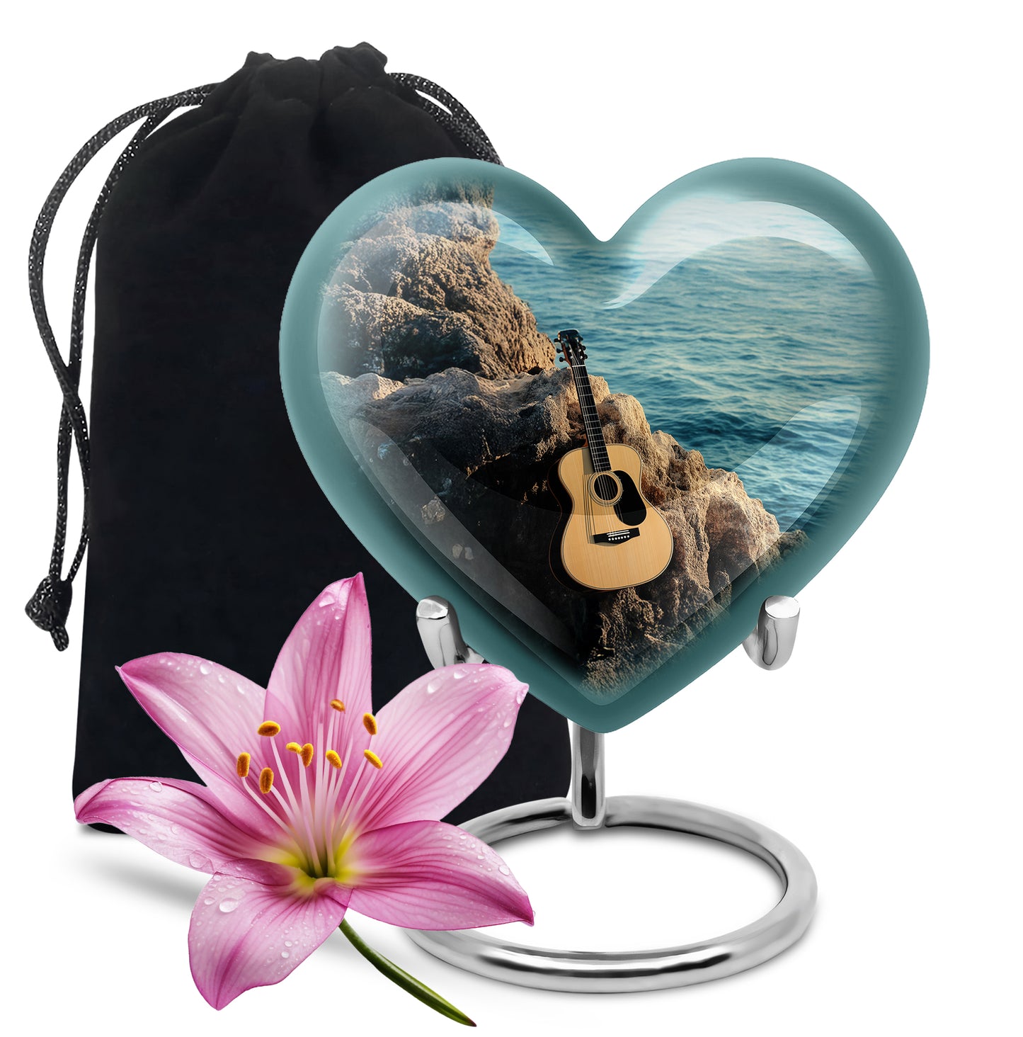 Aqua Teal Guitar Cremation Urn detail view - romantic heart urn with guitar motif on aluminum - full-size 10 inch 200 cubic inch adult cremation urn