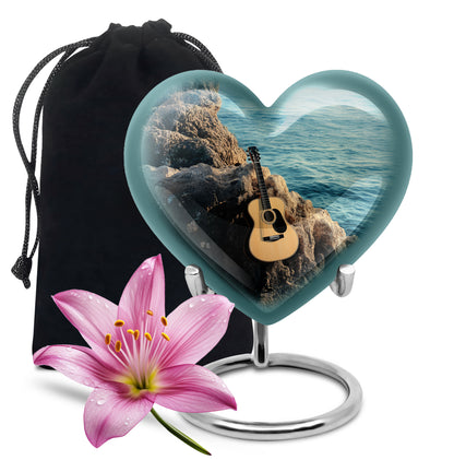Aqua Teal Guitar Cremation Urn detail view - romantic heart urn with guitar motif on aluminum - full-size 10 inch 200 cubic inch adult cremation urn