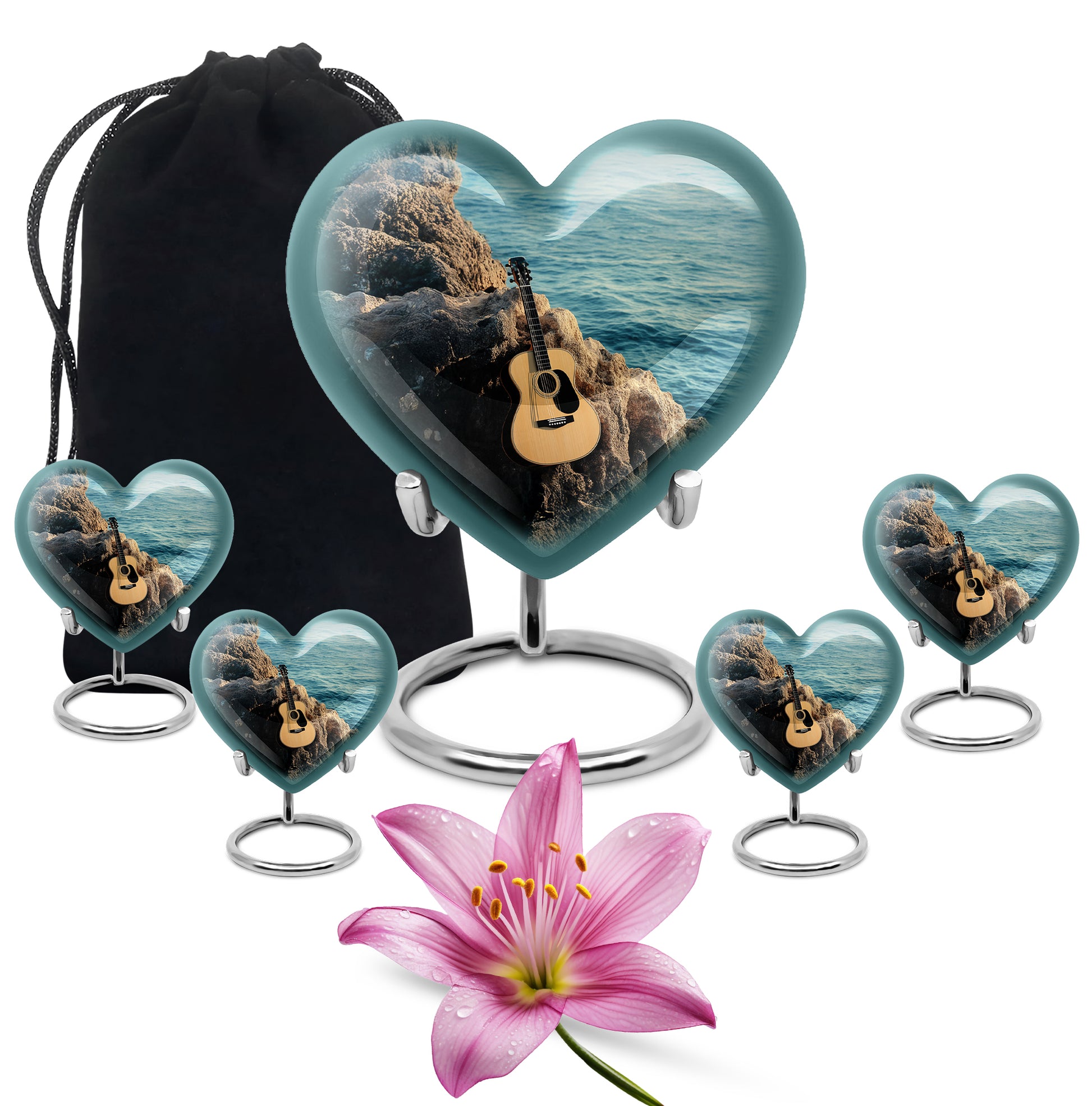 Deep Teal Guitar Cremation Urn close-up of engraving and surface detail - romantic heart urn with guitar motif on aluminum - memorial set with one large and four small urns
