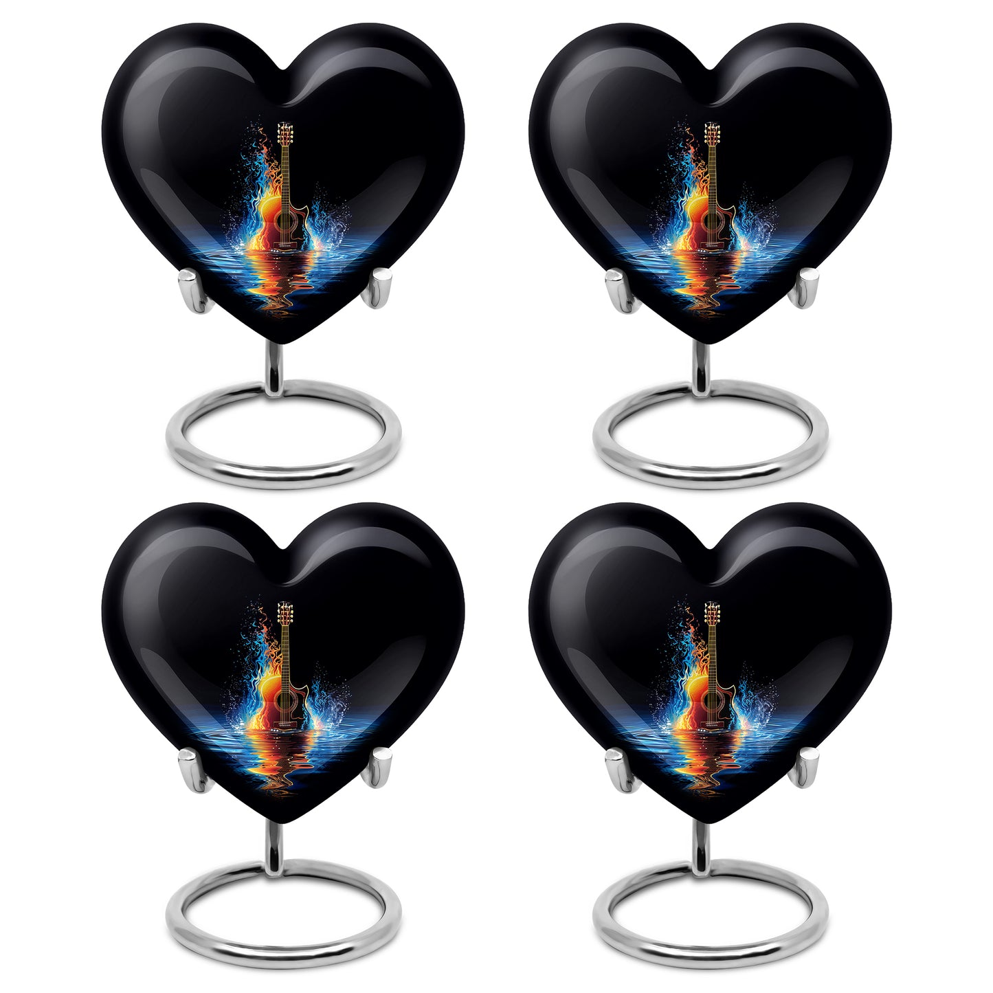 Midnight Black Guitar Cremation Urn angled view of lid and engraved motif - compassionate heart-guitar combination with gentle curves - 10 inch aluminum urn for cremated remains