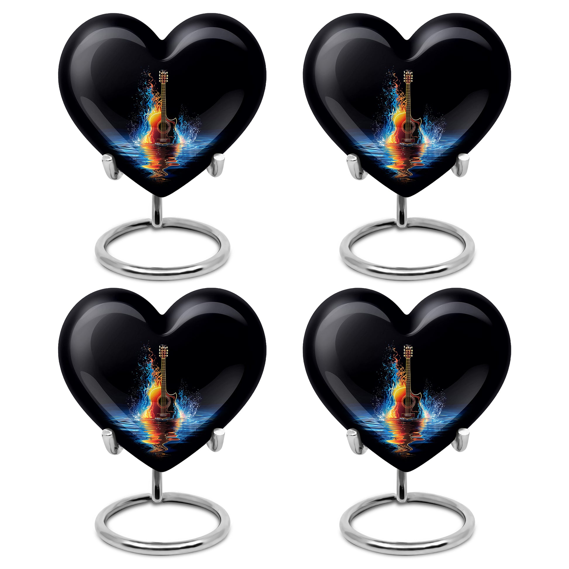 Midnight Black Guitar Cremation Urn angled view of lid and engraved motif - compassionate heart-guitar combination with gentle curves - 10 inch aluminum urn for cremated remains