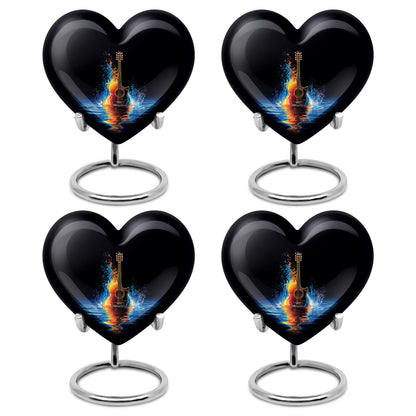 Midnight Black Guitar Cremation Urn angled view of lid and engraved motif - compassionate heart-guitar combination with gentle curves - 10 inch aluminum urn for cremated remains