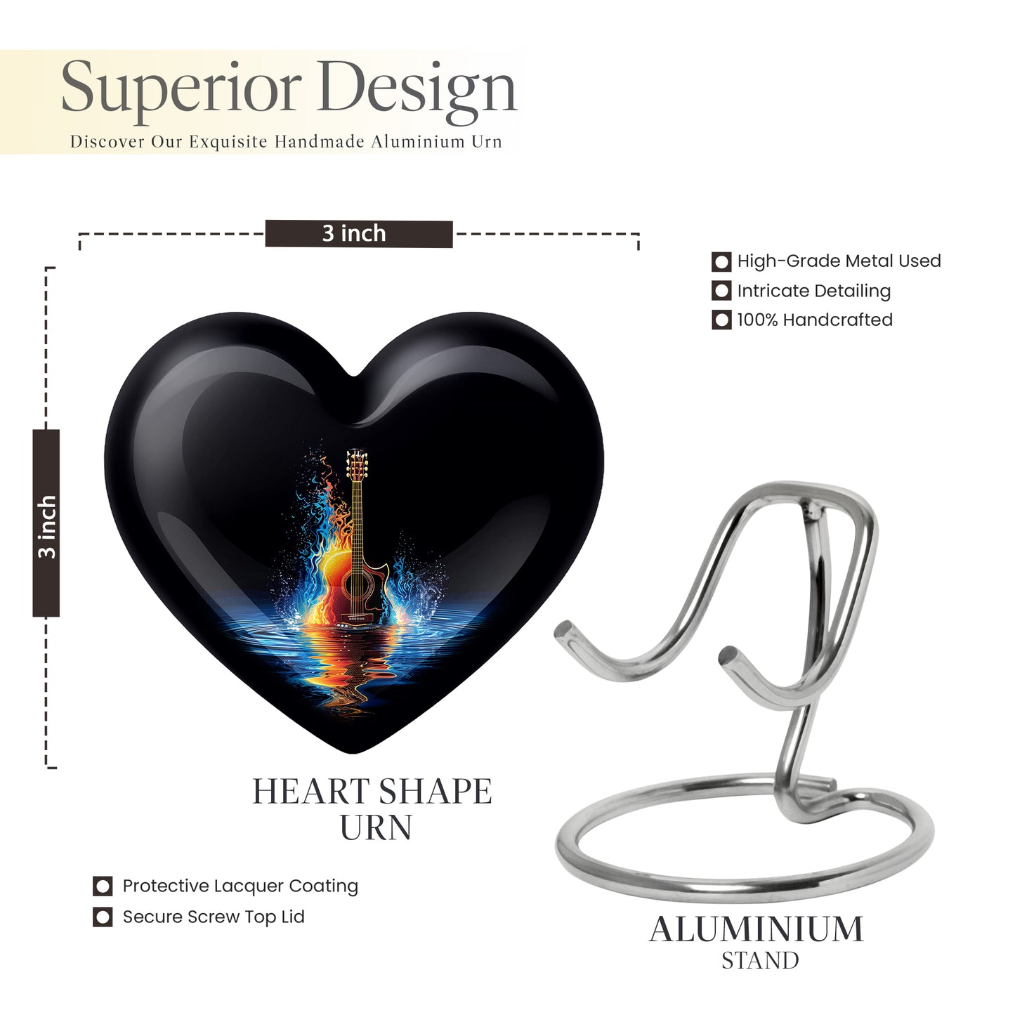 Deep Black Guitar Cremation Urn front view showing detailed design - loving heart memorial featuring guitar pattern - mini keepsake memorial for portion of cremation ashes