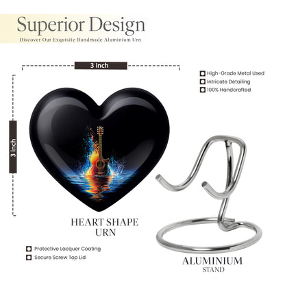 Deep Black Guitar Cremation Urn front view showing detailed design - loving heart memorial featuring guitar pattern - mini keepsake memorial for portion of cremation ashes