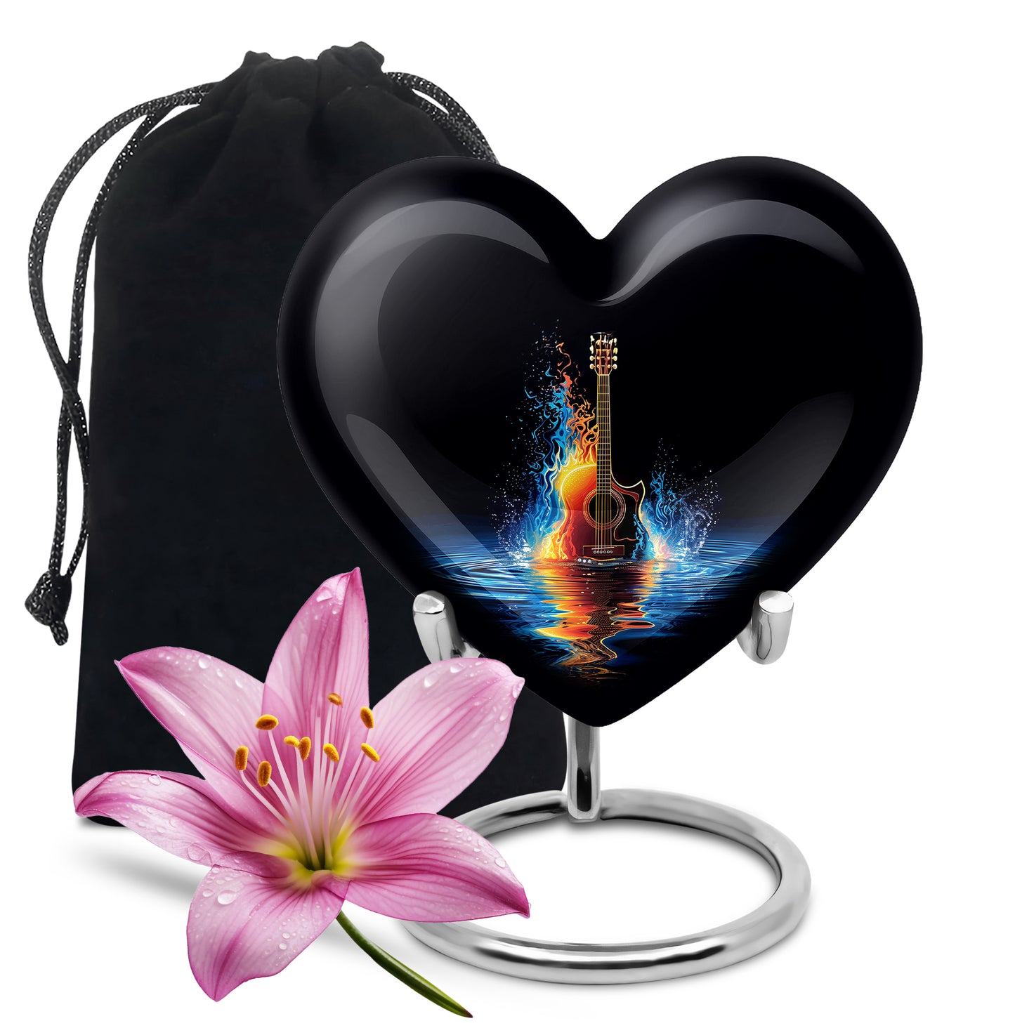 Ebony Guitar Cremation Urn detail view - heart-shaped guitar design symbolizing eternal love - full-size 10 inch 200 cubic inch adult cremation urn
