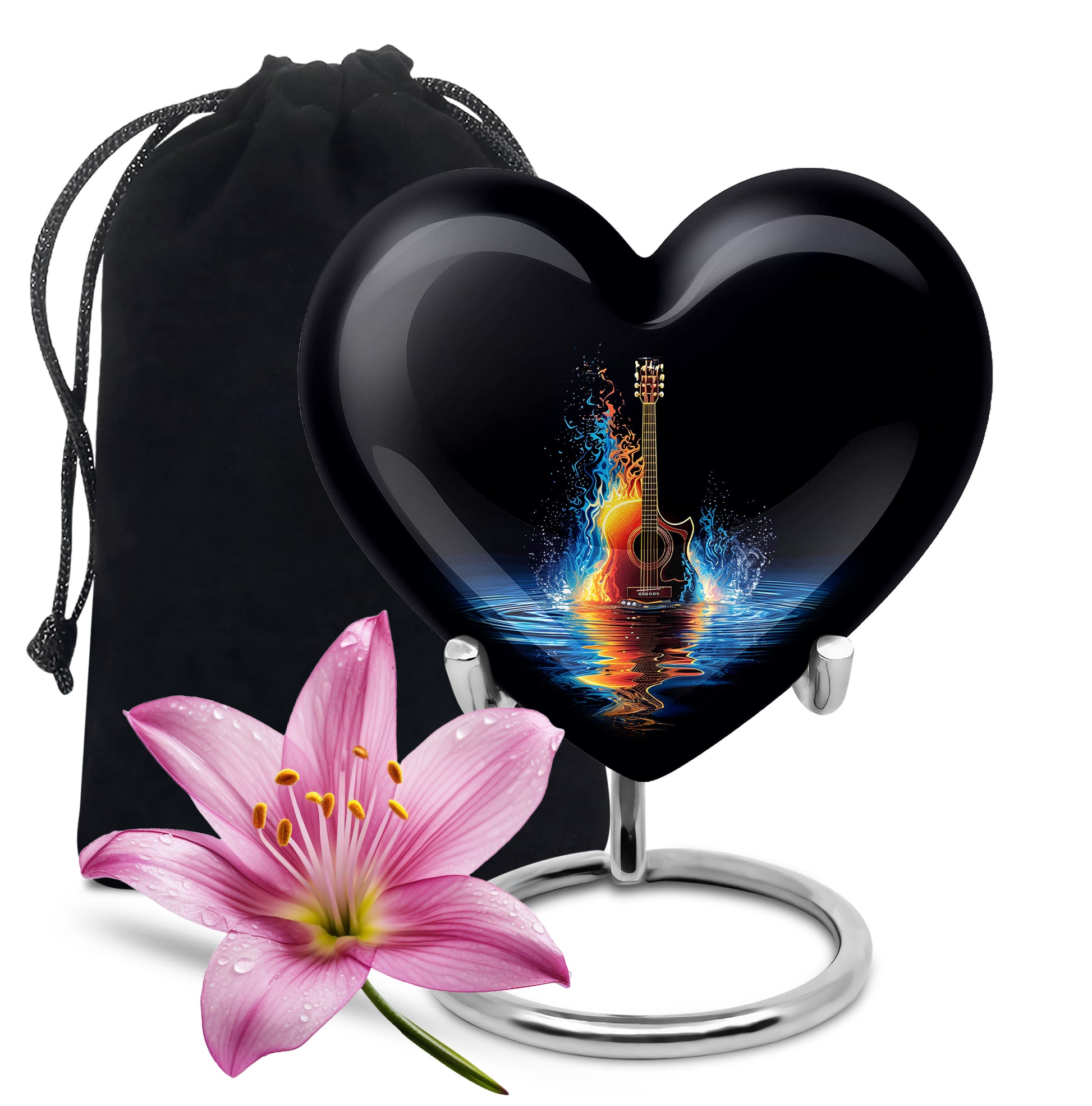 Ebony Guitar Cremation Urn detail view - heart-shaped guitar design symbolizing eternal love - full-size 10 inch 200 cubic inch adult cremation urn