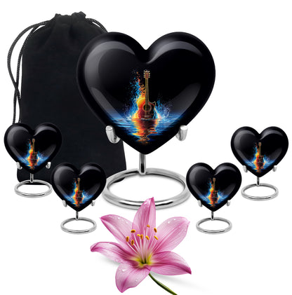 Rich Black Guitar Cremation Urn close-up of engraving and surface detail - heart-shaped guitar design symbolizing eternal love - memorial set with one large and four small urns