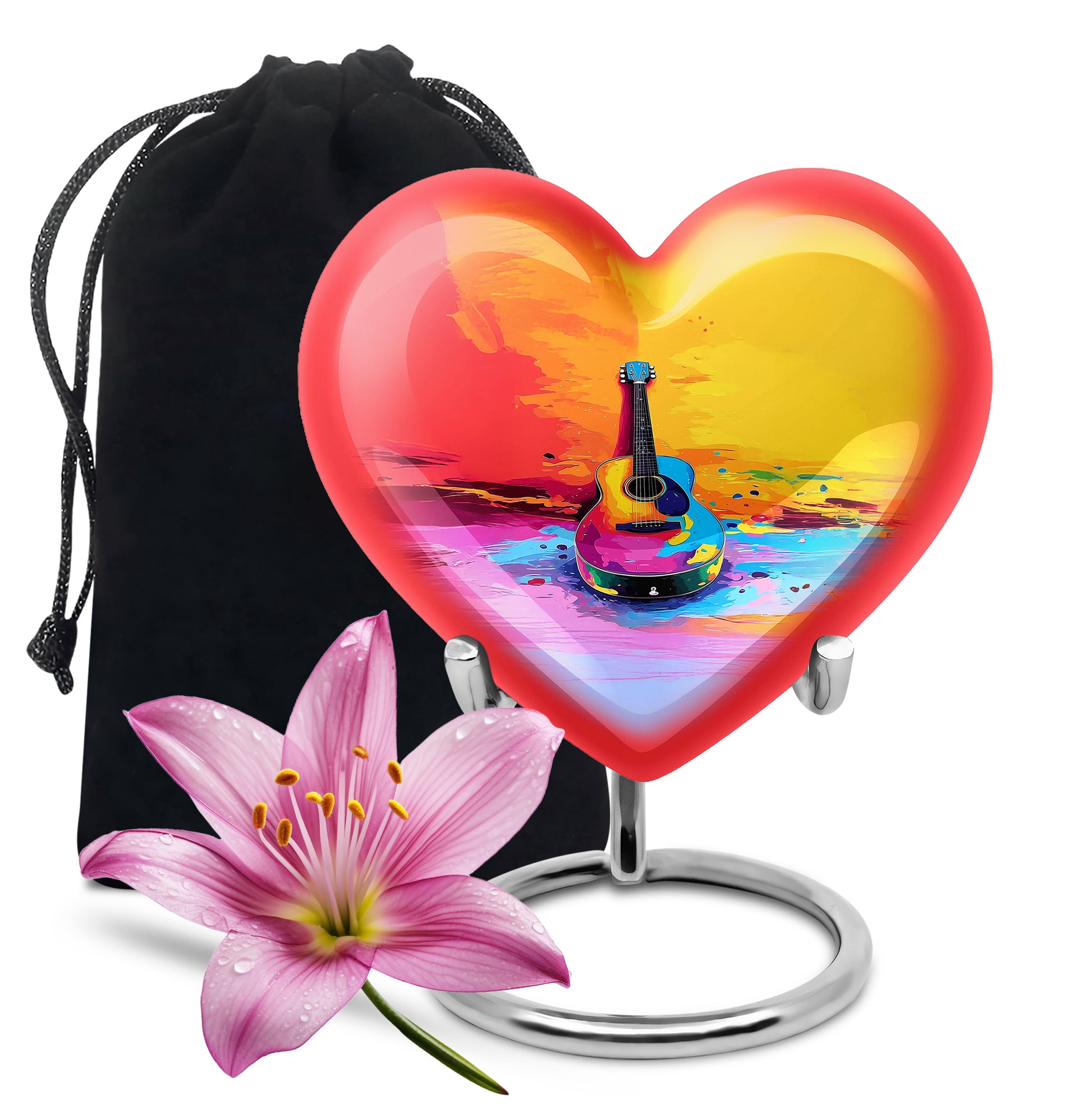 Gilded Gold Guitar Cremation Urn detail view - heart-shaped guitar design symbolizing eternal love - full-size 10 inch 200 cubic inch adult cremation urn
