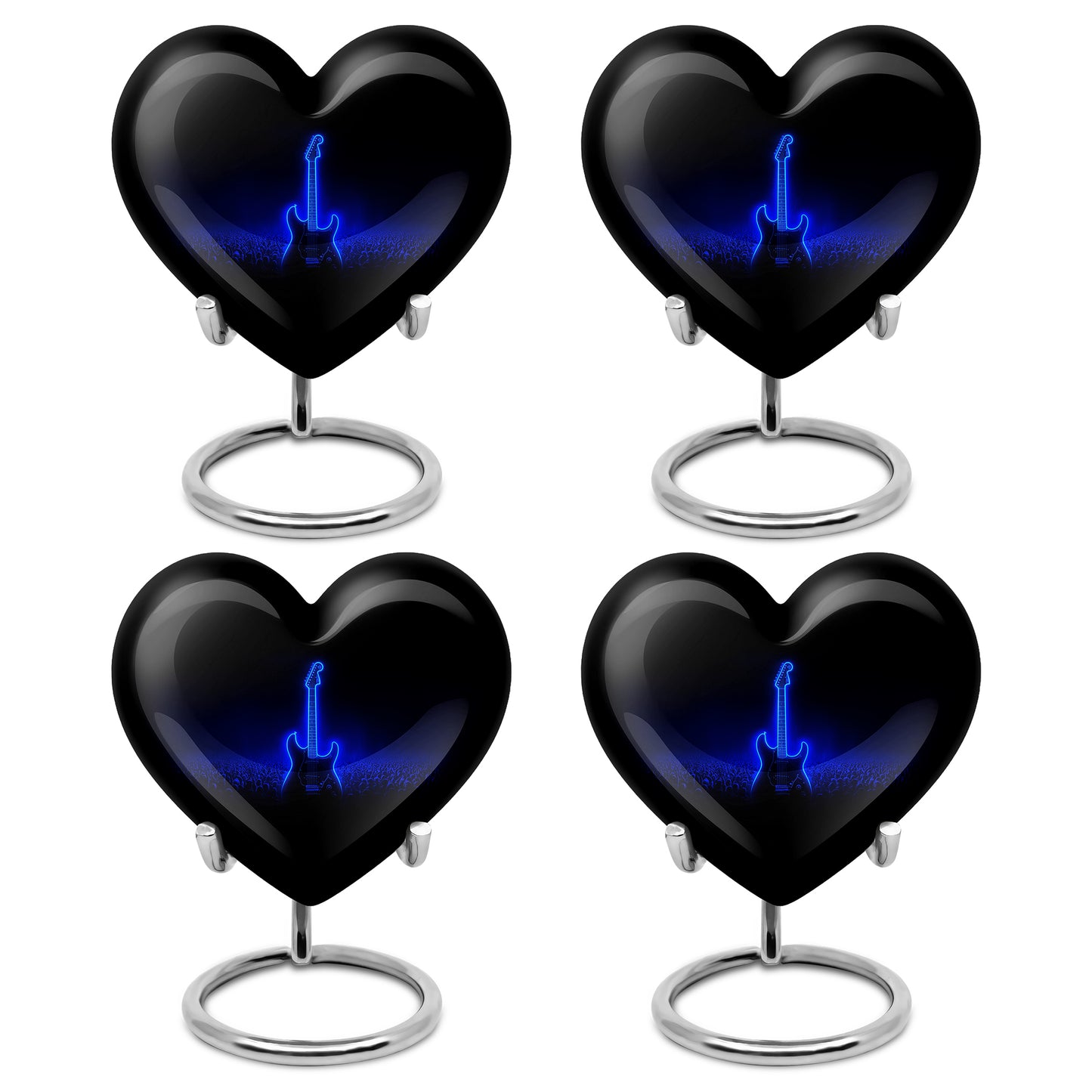 Deep Black Guitar Cremation Urn angled view of lid and engraved motif - heart-shaped guitar design symbolizing eternal love - 10 inch aluminum urn for cremated remains