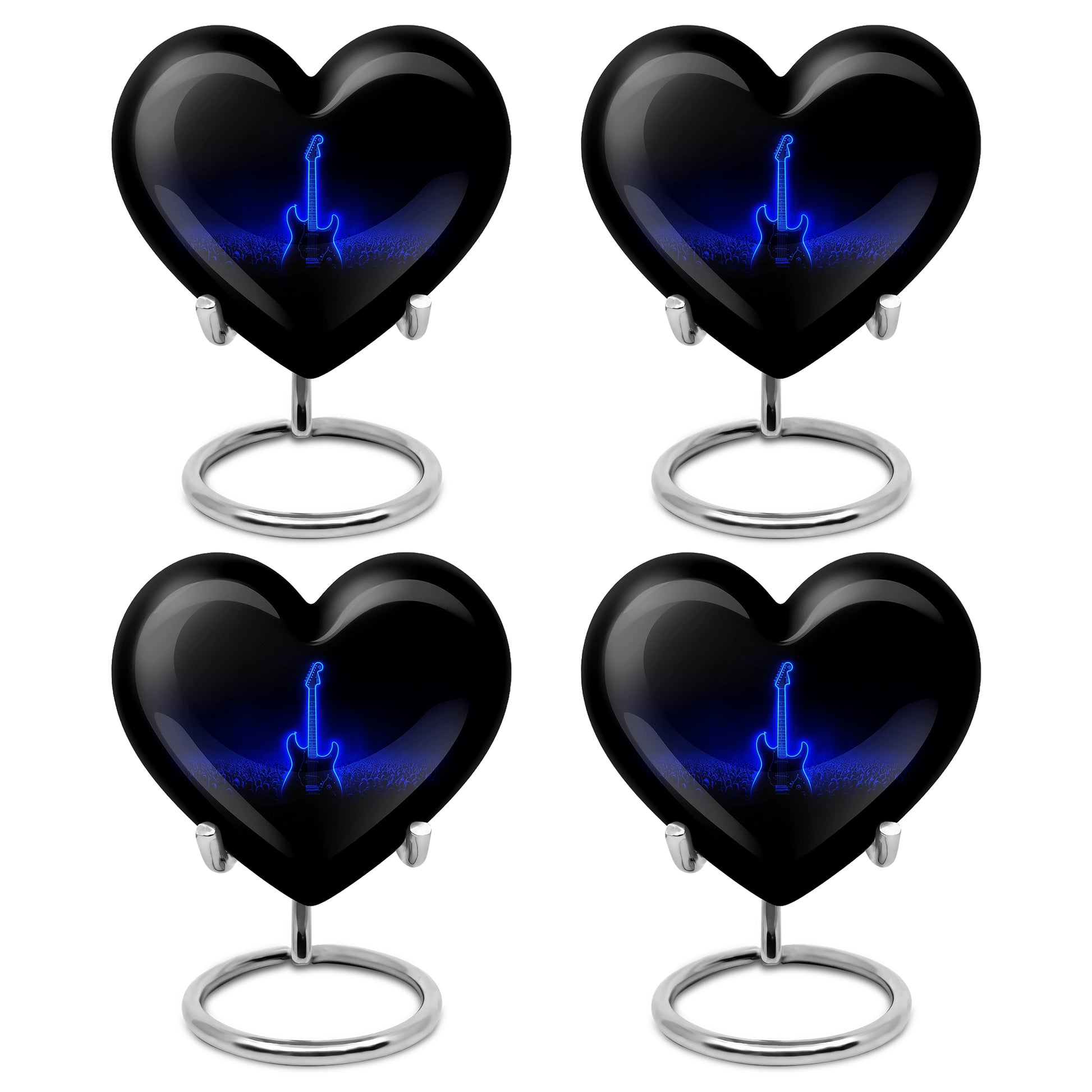 Deep Black Guitar Cremation Urn angled view of lid and engraved motif - heart-shaped guitar design symbolizing eternal love - 10 inch aluminum urn for cremated remains