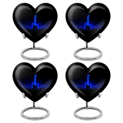 Deep Black Guitar Cremation Urn angled view of lid and engraved motif - heart-shaped guitar design symbolizing eternal love - 10 inch aluminum urn for cremated remains