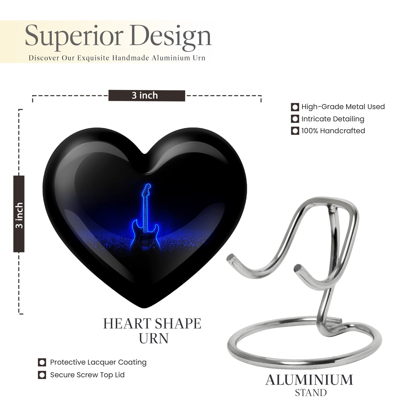 Ebony Guitar Cremation Urn front view showing detailed design - heart-shaped guitar design symbolizing eternal love - mini keepsake memorial for portion of cremation ashes