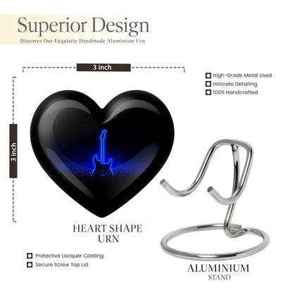 Ebony Guitar Cremation Urn front view showing detailed design - heart-shaped guitar design symbolizing eternal love - mini keepsake memorial for portion of cremation ashes