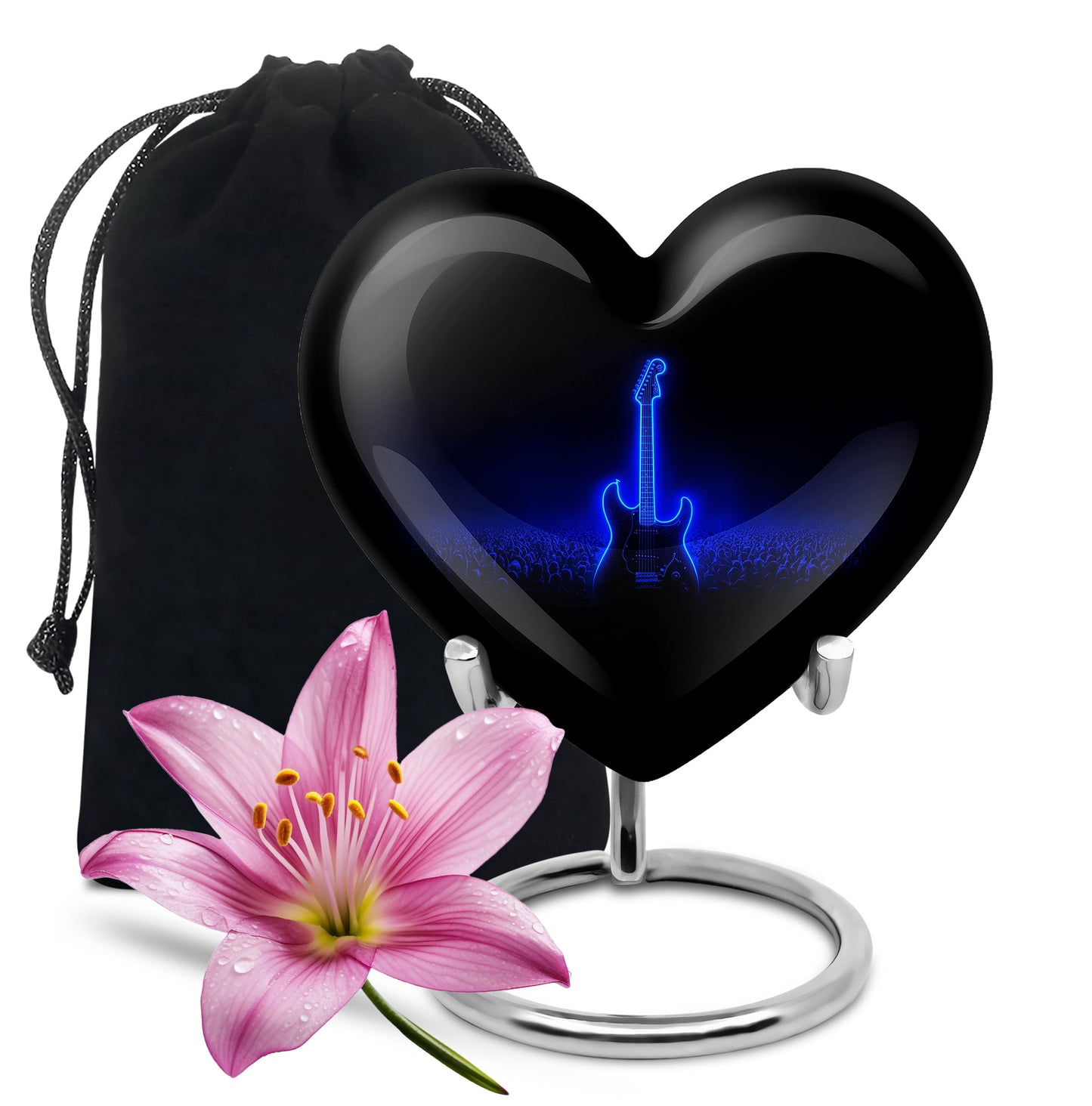 Dark Black Guitar Cremation Urn detail view - romantic heart urn with guitar motif on aluminum - full-size 10 inch 200 cubic inch adult cremation urn