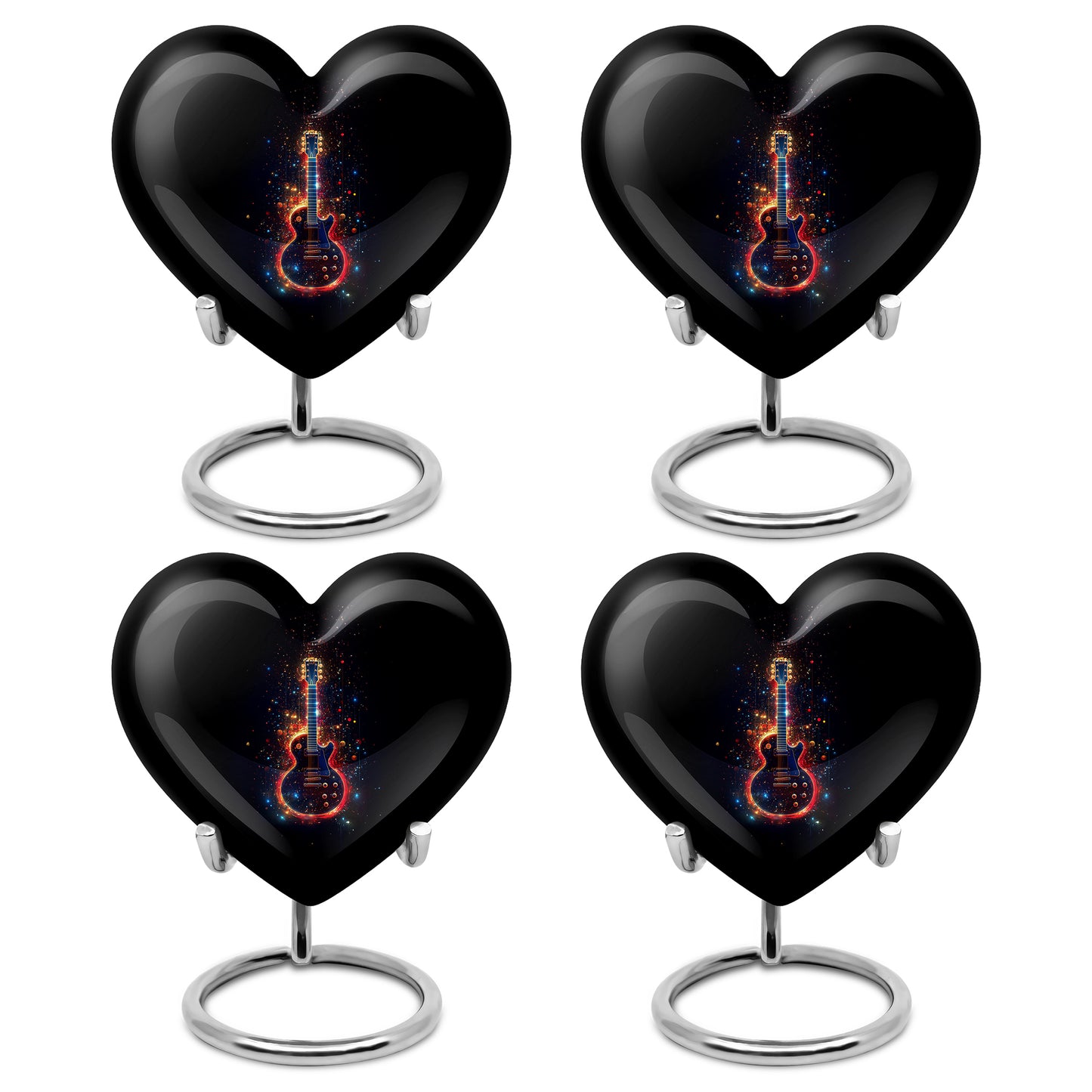 Dark Black Guitar Cremation Urn angled view of lid and engraved motif - romantic heart urn with guitar motif on aluminum - 10 inch aluminum urn for cremated remains
